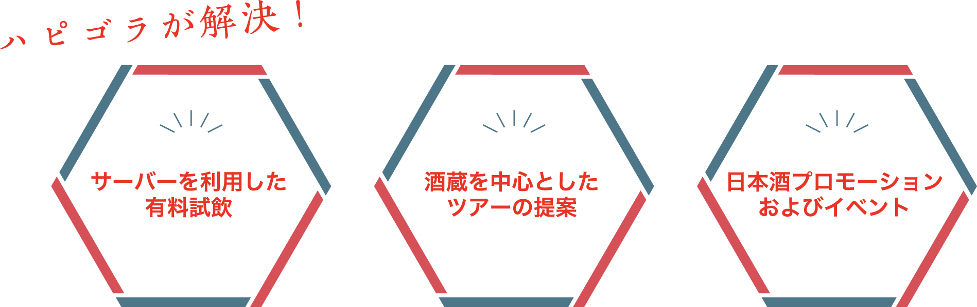 ハピゴラが解決！ サーバーを利用した有料試飲 酒蔵を中心としたツアーの提案 WEBサイトでの酒蔵やホテルのプロモーション、イベント告知